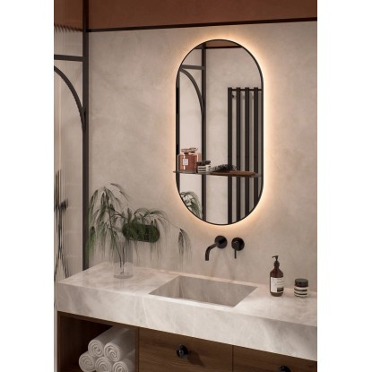 Lustro z LED Oval Line czarna rama z półką 100x50 Lustro z LED Oval Line czarna rama z półką 100x50