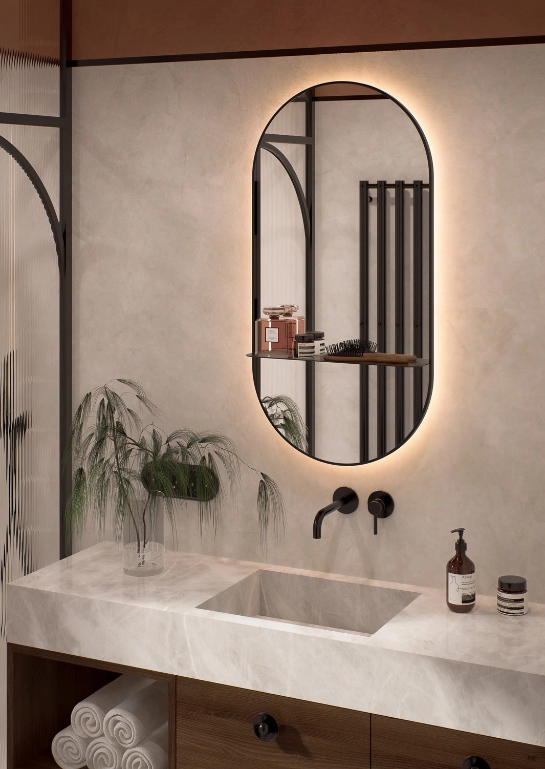 Lustro z LED Oval Line czarna rama z półką 100x50 Lustro z LED Oval Line czarna rama z półką 100x50