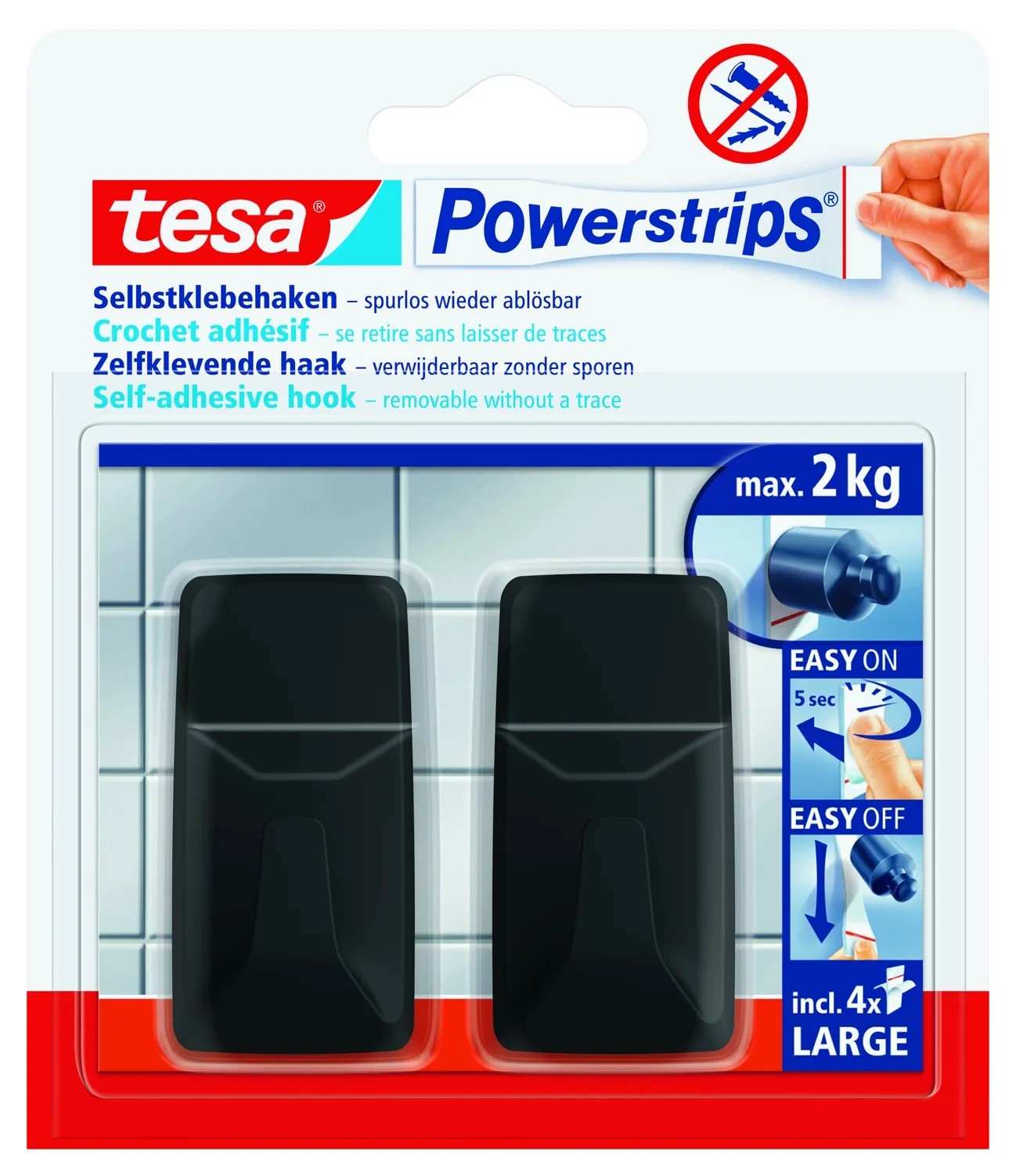 Tesa Haczyki Powerstip kwadratowe czarne 2 szt. L samoprzylepne Tesa Haczyki Powerstip kwadratowe czarne 2 szt. L samoprzylepne