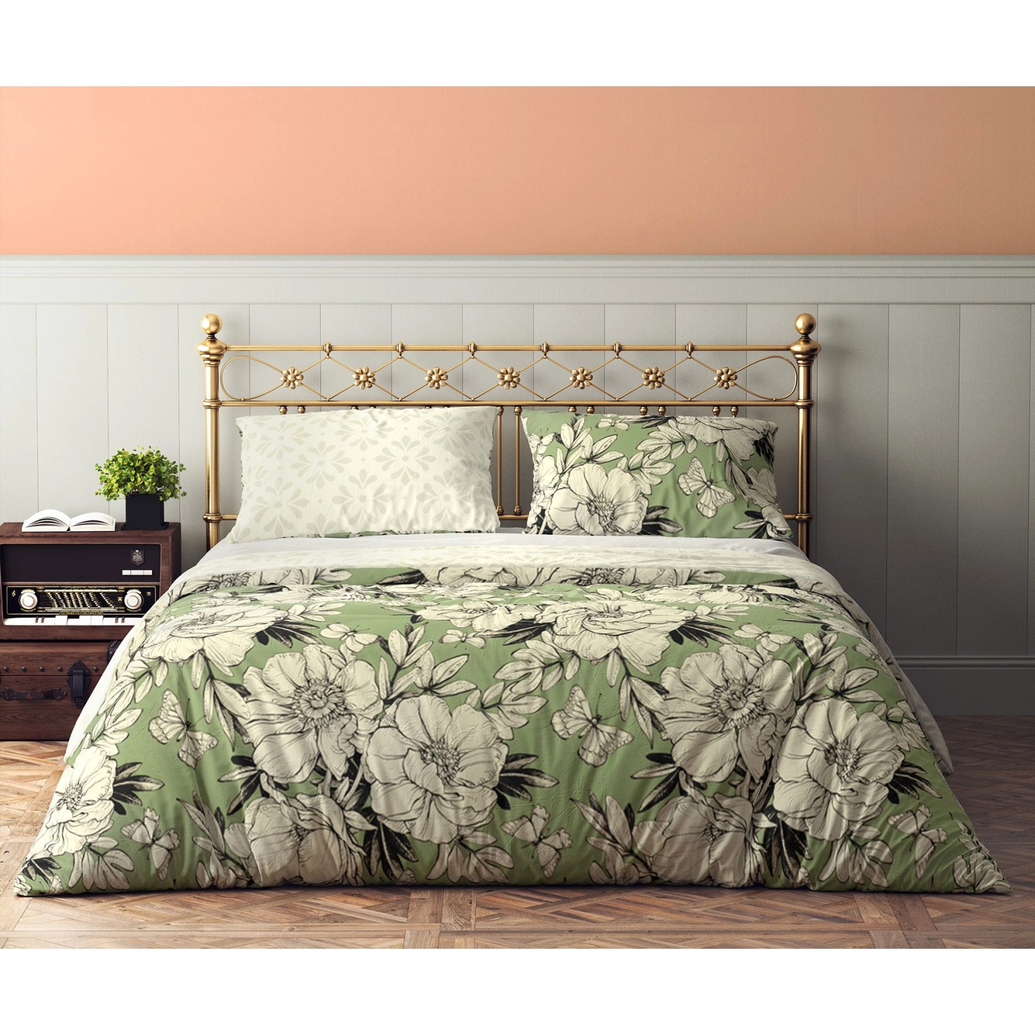 Pościel bawełniana FLOVERY 160 x 200 cm zielone kwiaty Pościel bawełniana FLOVERY 160 x 200 cm zielone kwiaty