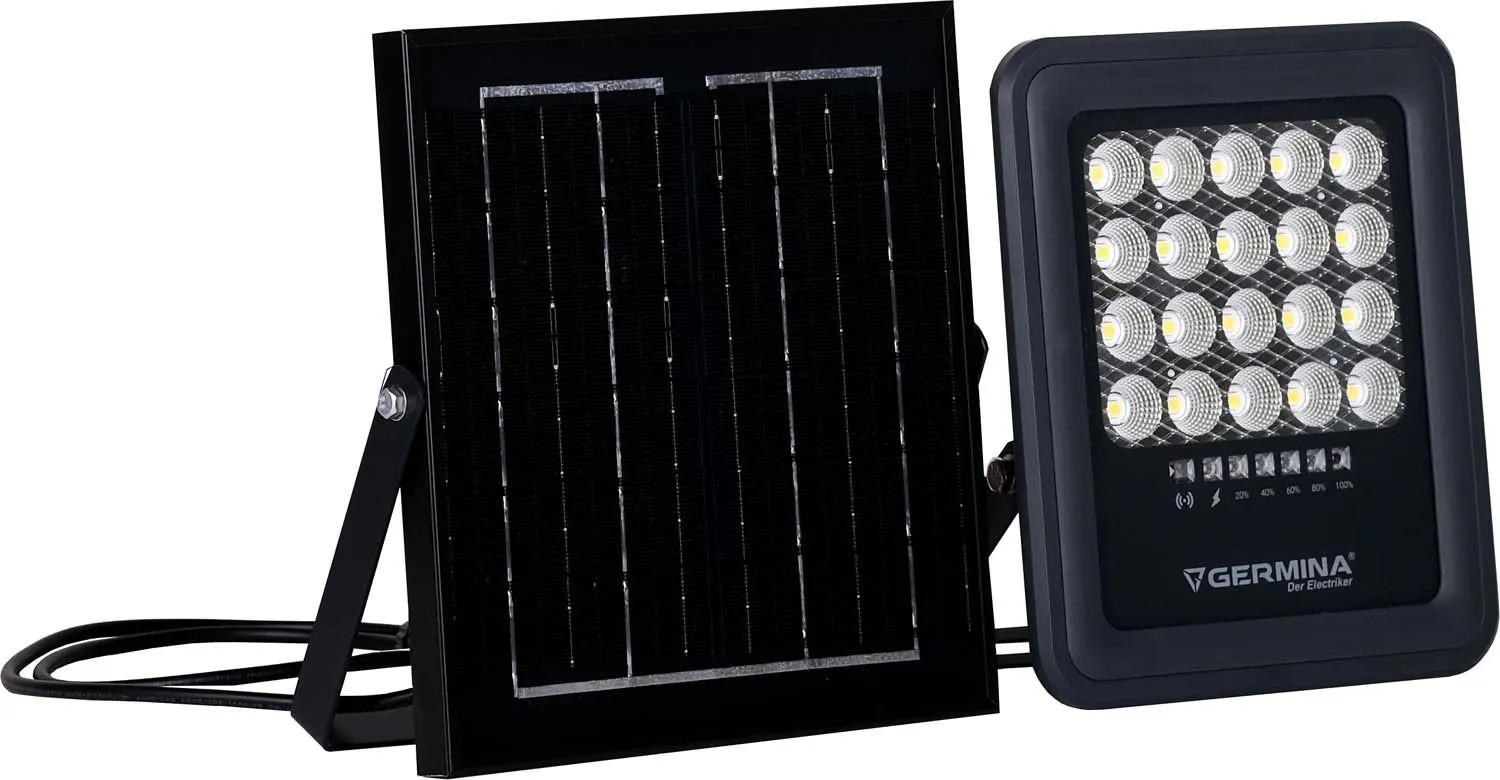 Germina Naświetlacz LED GEMINI z panelem sol. 50W 5000K 400lm IP65 czarny Germina Naświetlacz LED GEMINI z panelem sol. 50W 5000K 400lm IP65 czarny