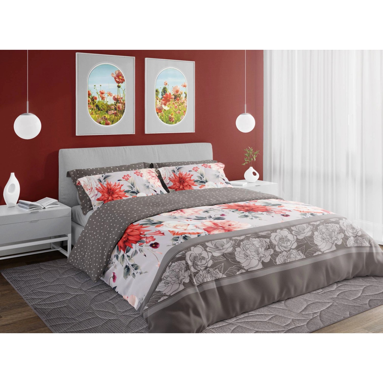 Pościel satynowa PURE SATEEN 160 x 200 cm czerwone kwiaty Pościel satynowa PURE SATEEN 160 x 200 cm czerwone kwiaty