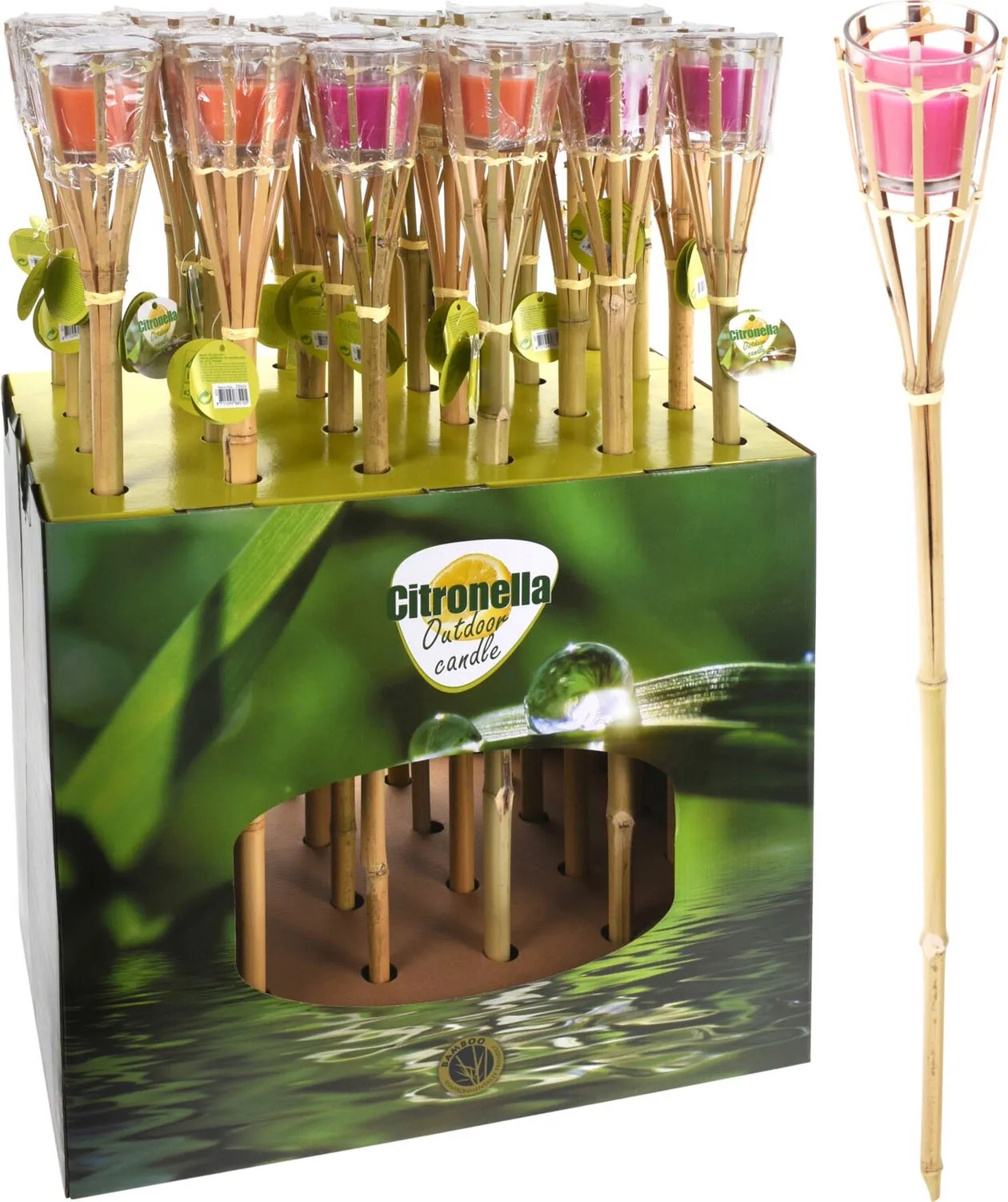 Pochodnia bambusowa CITRONELLA w szkle, mix kolorów Pochodnia bambusowa CITRONELLA w szkle, mix kolorów
