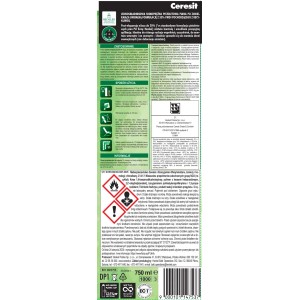 Puszka pianki montażowej Ceresit, szczegóły dotyczące zastosowania i instrukcje bezpieczeństwa na odwrocie.