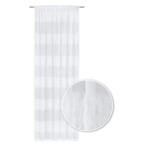 Biała, przezroczysta firana z frędzlami do dekoracji okien.