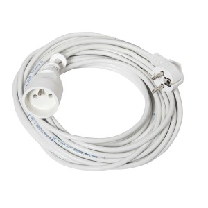 Biały przedłużacz zwinięty z wtyczką i gniazdem.