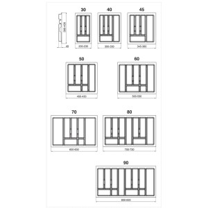 Rysunek techniczny różnych układów szafek kuchennych z wymiarami.