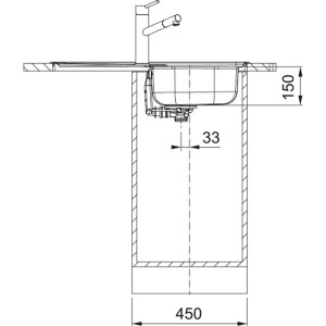 Szkic zlewozmywaka ze stali nierdzewnej z wymiarami do montażu i podłączenia baterii.