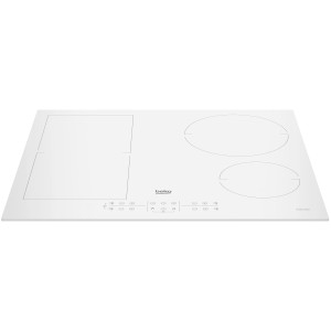 Biała płyta indukcyjna Beko z czterema polami grzejnymi i panelem dotykowym.