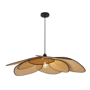 Lampa wisząca w kształcie kwiatu: t.b.t. z abażurem z rattanu i czarnego metalu.