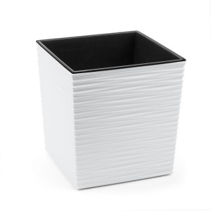 Biała, matowa doniczka Orbis Juka Dluto z prążkowaną teksturą, 310x300x300 mm.