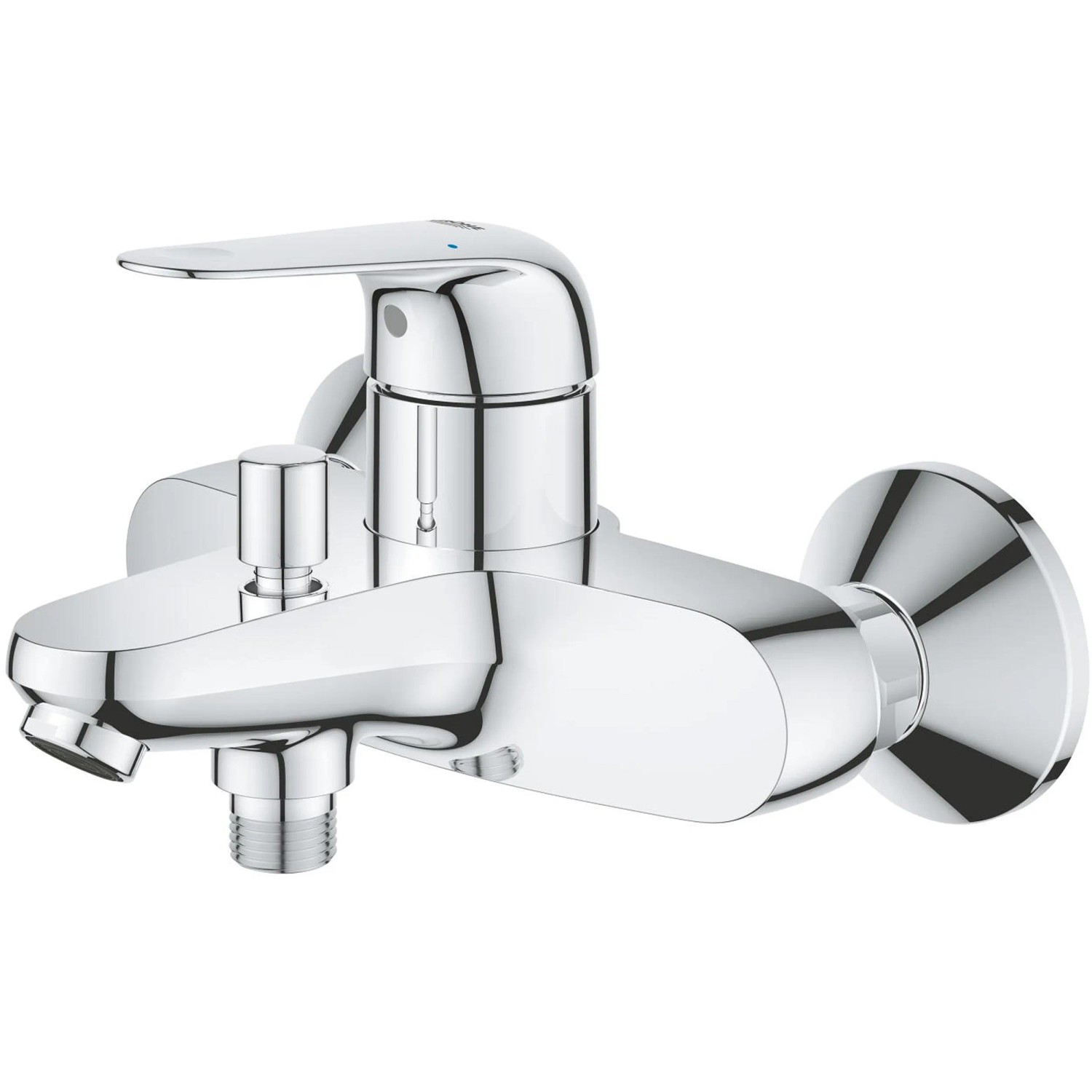 Błyszcząca bateria wannowa Grohe Swift jednouchwytowa do montażu ściennego w łazience.