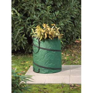 Zielony worek ogrodowy Pop Up 150 l z uchwytami, wypełniony odpadami ogrodowymi.