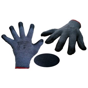 Szare rękawice robocze t.b.t. z czarnymi końcówkami palców i dłońmi.