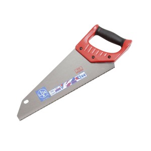 Piła ręczna LUX Comfort, 350 mm, z czerwoną rękojeścią i metalowym brzeszczotem.