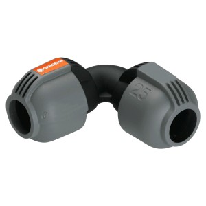 Kolanko Gardena 25 mm do systemów nawadniania, służące do zmiany kierunku rur.