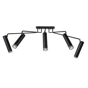 Czarna lampa sufitowa t.b.t. z pięcioma cylindrycznymi reflektorami. Nowoczesny design do salonu.