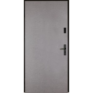 Szare drzwi zewnętrzne z czarną ramą i klamką. Solidne drzwi wejściowe do domu.