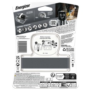 Opakowanie latarki czołowej Energizer z instrukcjami dotyczącymi baterii i funkcji.