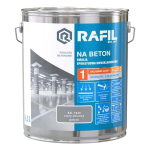 Farba do betonu RAFIL, szara emalia epoksydowa w metalowym wiadrze.