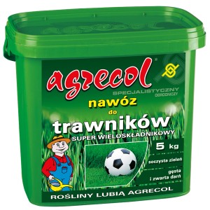 Nawóz do trawników Agrecol w zielonym wiadrze, 5 kg, dla gęstej, soczystej trawy.