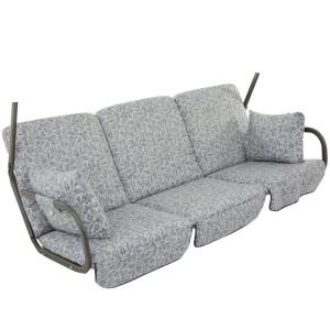 Szara wzorzysta poduszka z poduszkami na huśtawkę ogrodową. Wygodne poduszki ogrodowe na relaksujące chwile.