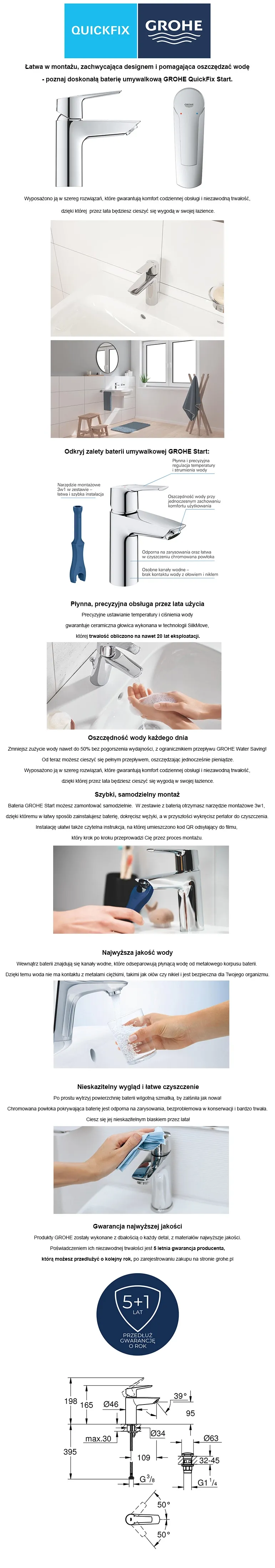chromowana bateria umywalkowa Quick Fix z serii Start S marki Grohe nawet z 6 letnią gwarancją