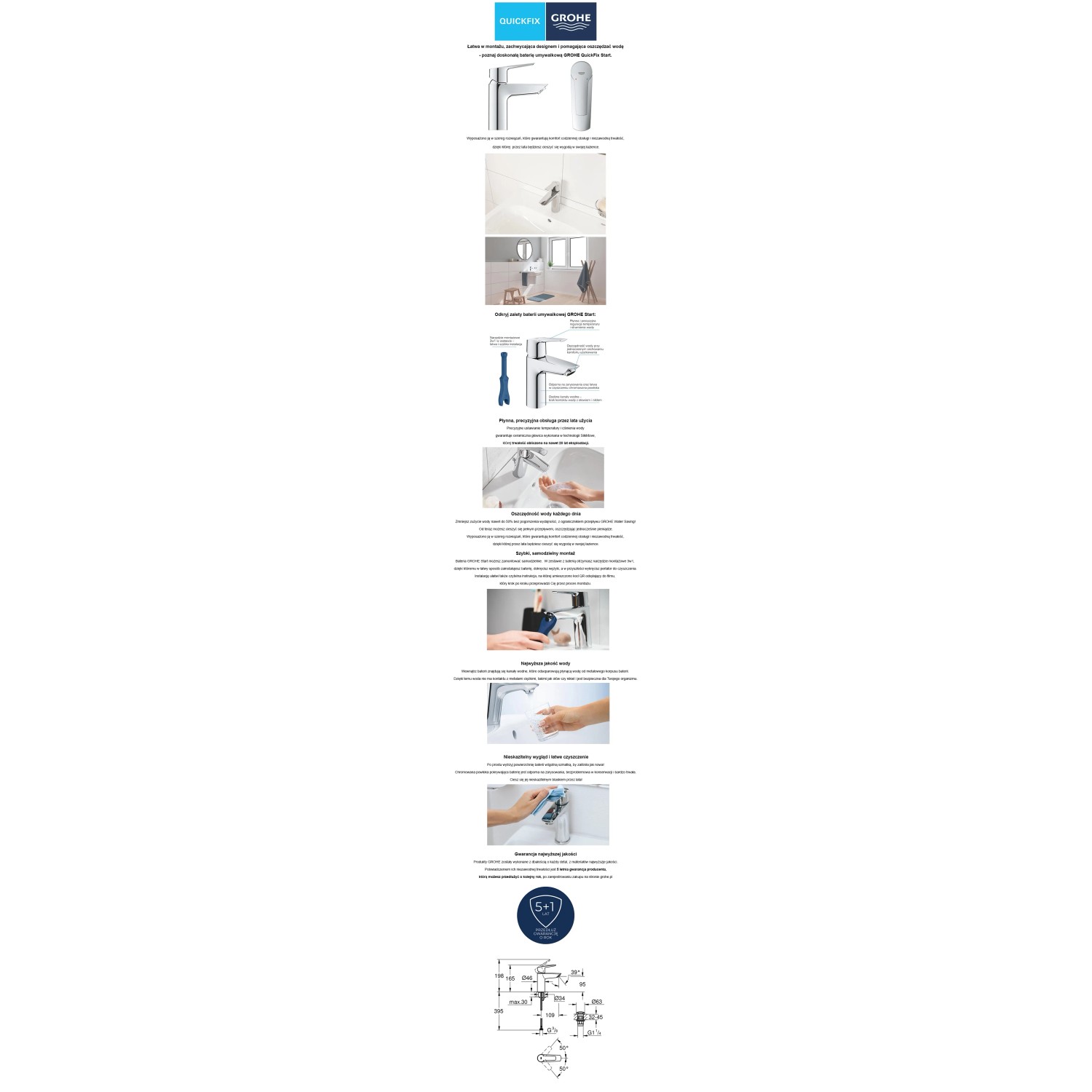 Bateria umywalkowa Grohe QuickFix Start S-Size z zestawem odpływowym, chromowana.