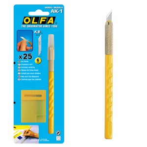 OLFA AK-1 nóż do prac artystycznych z żółtą rączką i ostrzami, idealny do precyzyjnych prac.