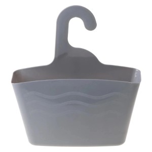 Szary koszyk do zawieszenia pod prysznic, część zestawu akcesoriów łazienkowych.