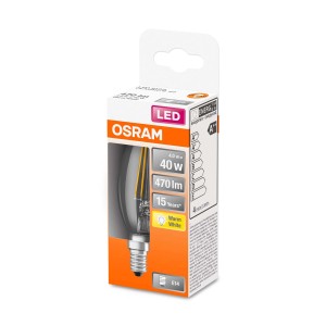 Żarówka LED E14 OSRAM w opakowaniu, 4W, ciepła biel, do nastrojowego oświetlenia.