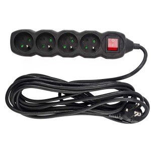 Czarna listwa zasilająca t.b.t. z pięcioma gniazdami i czerwonym włącznikiem.