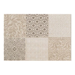 Płytka dekoracyjna z kwiatowymi i geometrycznymi wzorami w odcieniach beżu i brązu.