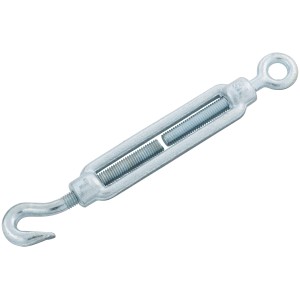 Srebrna śruba rzymska z hakiem i okiem do transportu i zabezpieczania ładunku.