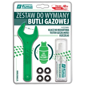 t.b.t. Zestaw do wymiany butli gazowej z kluczem, uszczelkami i sprayem do wykrywania nieszczelności.