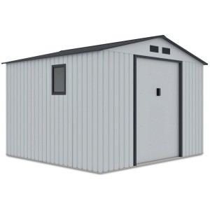 Metalowy domek narzędziowy z oknem i drzwiami, idealny do przechowywania narzędzi ogrodowych.