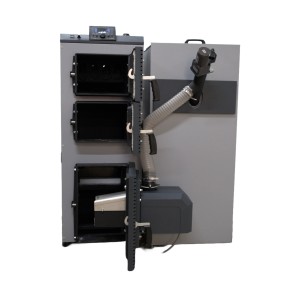 Szary piec na pellet t.b.t. z otwartymi drzwiami i elementami sterującymi.