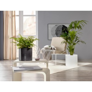 Osłonka Scheurich 828 Panna, Ø 33 cm, w nowoczesnym salonie z roślinami.