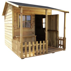 Drewniany domek do zabawy z werandą i małym płotem. Kategoria: Domki.