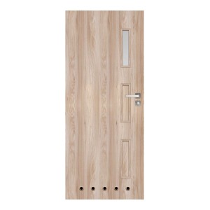 Jasne kolorowe drzwi wewnętrzne t.b.t. z wkładką szklaną i klamką w kolorze srebrnym.