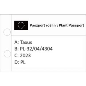 Paszport roślin dla żywopłotu Taxus z logo UE, numerem identyfikacyjnym i krajem pochodzenia.