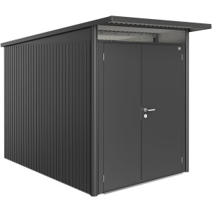 Biohort metalowy domek ogrodowy AvantGarde A3, ciemnoszary metalik, z podwójnymi drzwiami. Domki ogrodowe do przechowywania na zewnątrz.