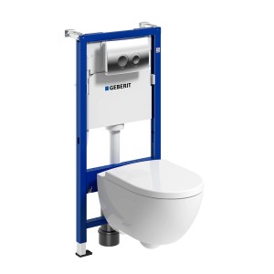 Zestaw WC wiszącego ze spłuczką i niebieską ramą montażową.