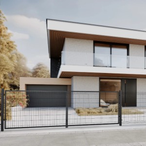 Czarny płot t.b.t. przed nowoczesnym domem. Akcesoria do płotów i ogrodzeń.