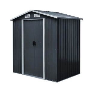 Metalowy domek narzędziowy t.b.t. w kolorze antracytowym z podwójnymi drzwiami i dachem dwuspadowym.