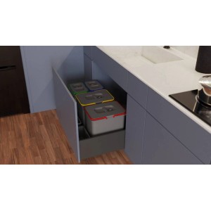 t.b.t. System segregacji odpadów kuchennych z kolorowymi pojemnikami w szufladzie.