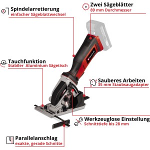 Einhell Power X-Change TE-CS 18/89 Li Solo akumulatorowa mini pilarka tarczowa: Kompaktowa pilarka z prowadnicą równoległą i funkcją wgłębiania.