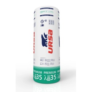 Rolka wełny mineralnej Ursa, białe opakowanie z niebieskim logo i zielonym napisem.