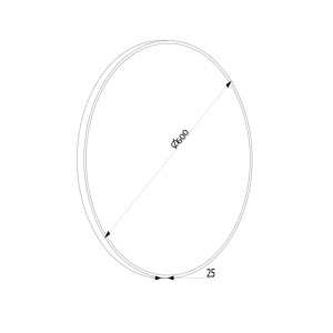 Rysunek techniczny: Okrągła lampa t.b.t. Lustra o średnicy 600 mm i głębokości 25 mm.