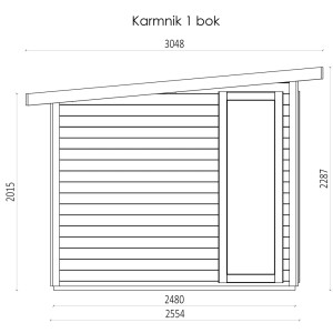 Rysunek techniczny domku drewnianego t.b.t. z wymiarami. Idealny do ogrodu lub jako domek narzędziowy.